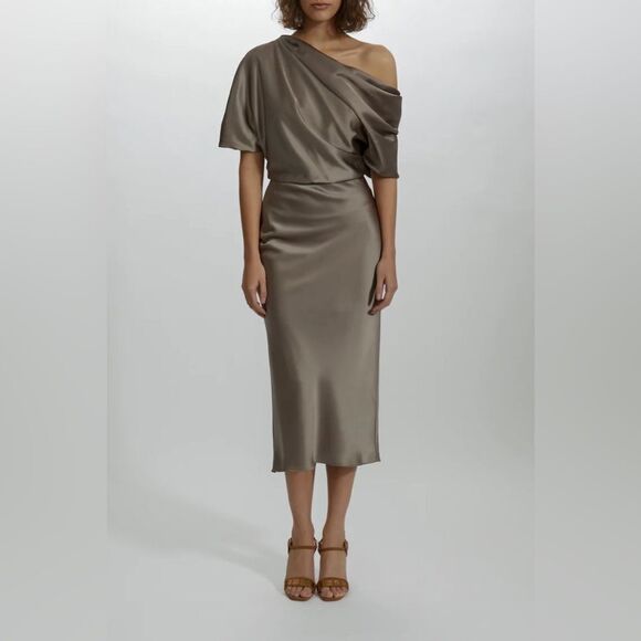 Amsale NWT Draped Pencil Midi Dress in Mocha Size 4 - Picture 8 of 10